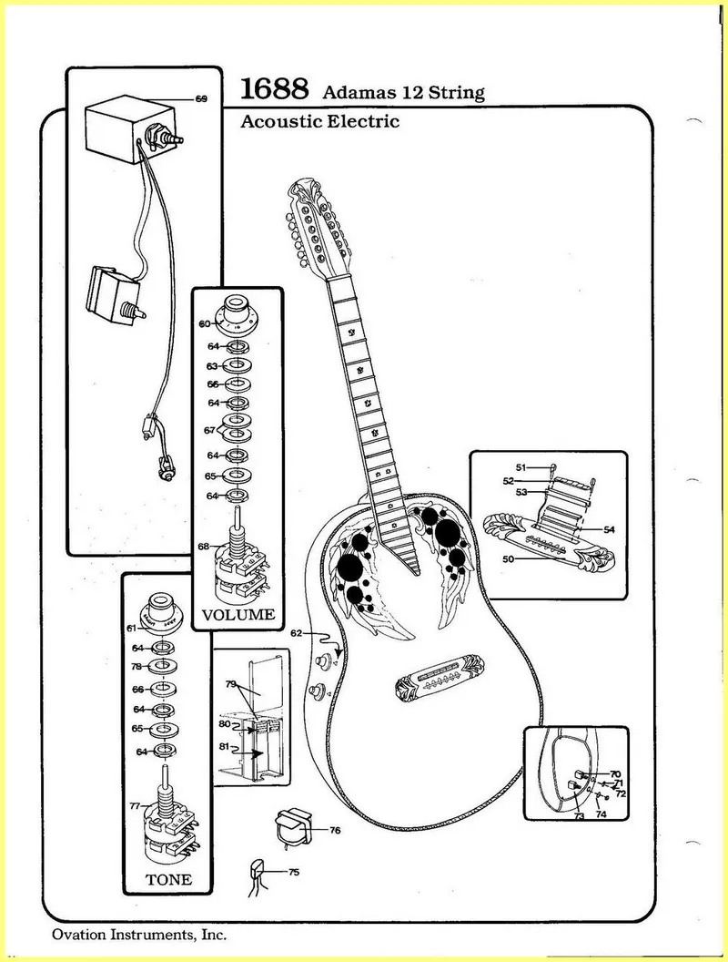 Ovation Instruments 1688 Adamas 12-String Acoustic Electric Guitar Parts Diagram and Parts List