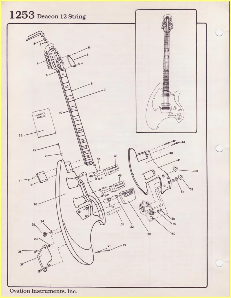 Ovation 1253 Deacon 12-String Electric Guitar Parts & Circuit Board Assembly Manual