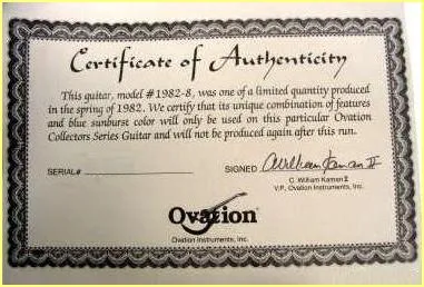 Ovation Collectors Series Guitar Certificate of Authenticity - Model 1982-8