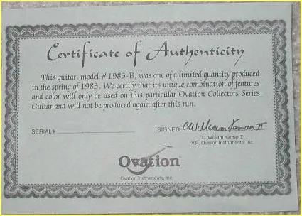 Ovation Collectors Series Guitar Certificate of Authenticity - Model 1983-B