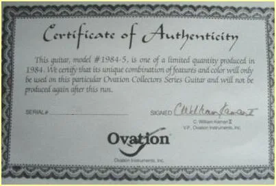 Ovation Collectors Series Guitar Certificate of Authenticity 1984