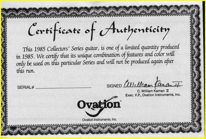 Ovation 1985 Collectors' Series Certificate of Authenticity