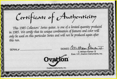 1985 collector's cetificate