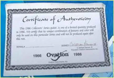 Ovation 1986 Collectors' Series Certificate of Authenticity