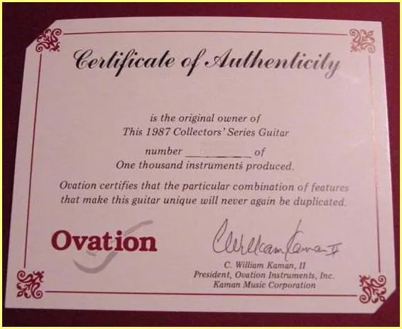 Ovation 1987 Collector's Series Guitar Certificate of Authenticity