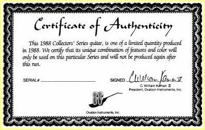 Ovation 1988 Collectors' Series Certificate of Authenticity