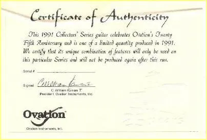 Ovation 1991 Collectors' Series 25th Anniversary Certificate of Authenticity