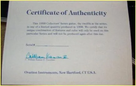 Ovation 1998 Collector's Series Guitar Certificate of Authenticity