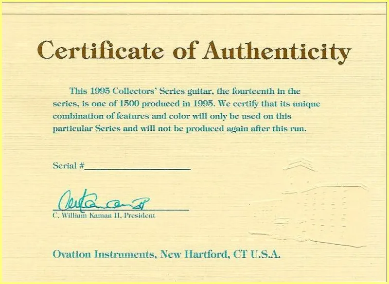 Ovation 1995 Collectors' Series Certificate of Authenticity