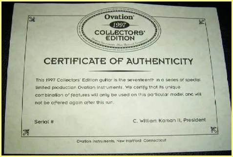 Ovation 1997 Collectors' Edition Certificate of Authenticity