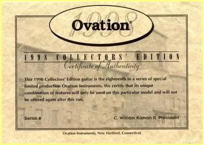 Ovation 1998 Collectors' Edition Certificate of Authenticity
