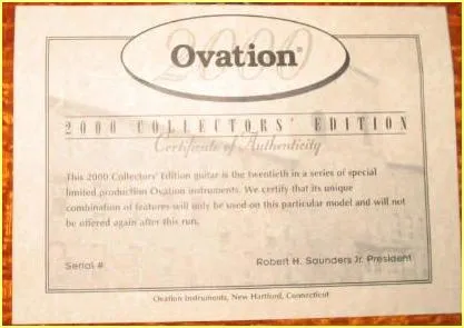 Ovation 2000 Collectors' Edition Certificate of Authenticity
