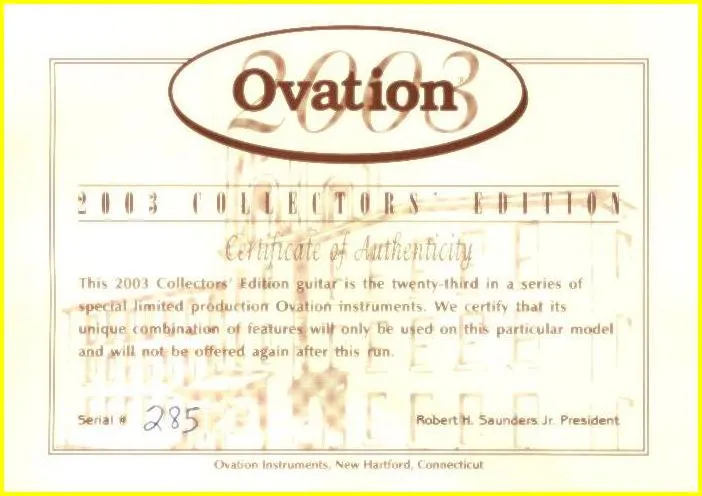 Ovation 2003 Collectors' Edition Certificate of Authenticity