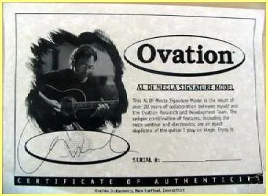 Ovation Al Di Meola Signature Model Certificate of Authenticity