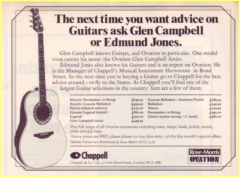 Ovation Guitars Chappell & Co. UK Advertisement featuring Glen Campbell