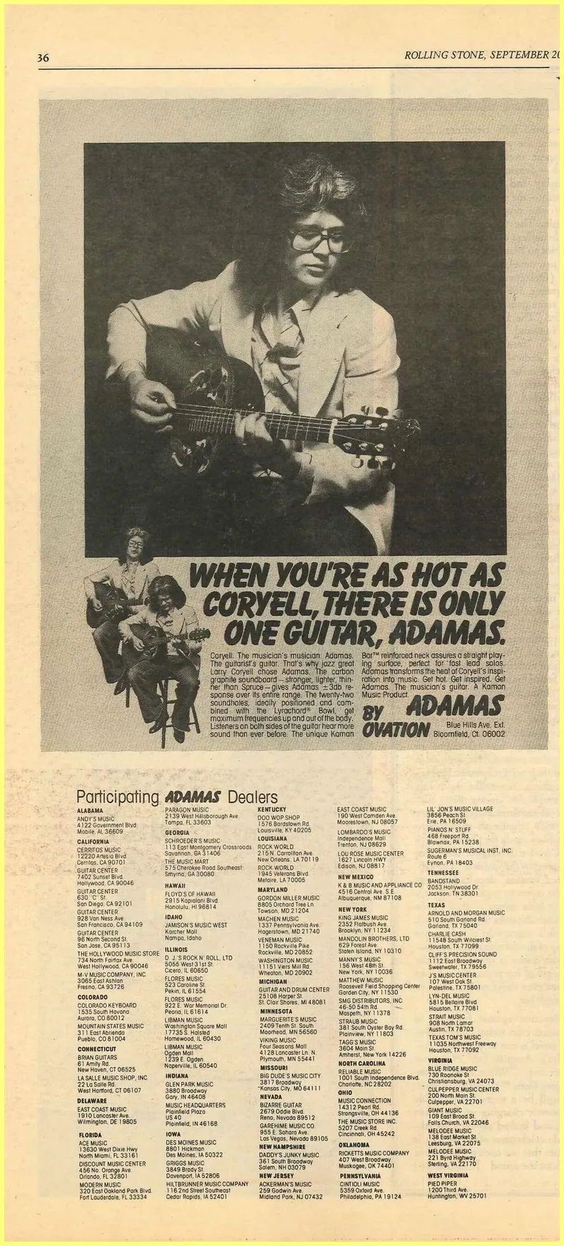 Adamas by Ovation - Larry Coryell Rolling Stone Magazine Advertisement