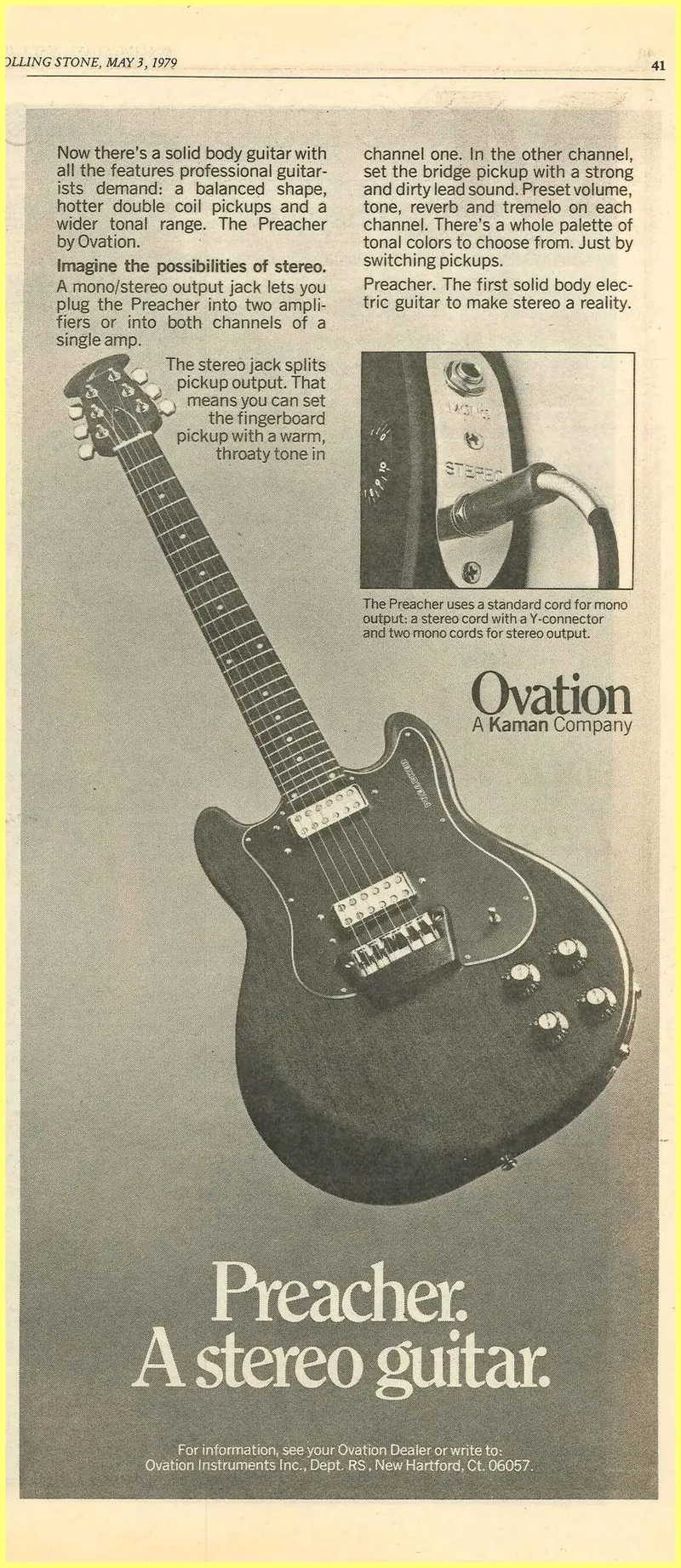 Ovation Preacher Stereo Guitar Advertisement - Rolling Stone, May 3, 1979