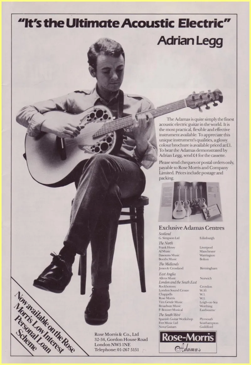 Rose-Morris Adamas Acoustic Electric Guitar Advertisement featuring Adrian Legg