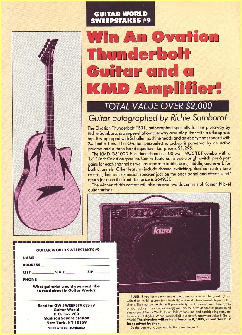 Guitar World Sweepstakes #9 - Win an Ovation Thunderbolt Guitar and KMD Amplifier