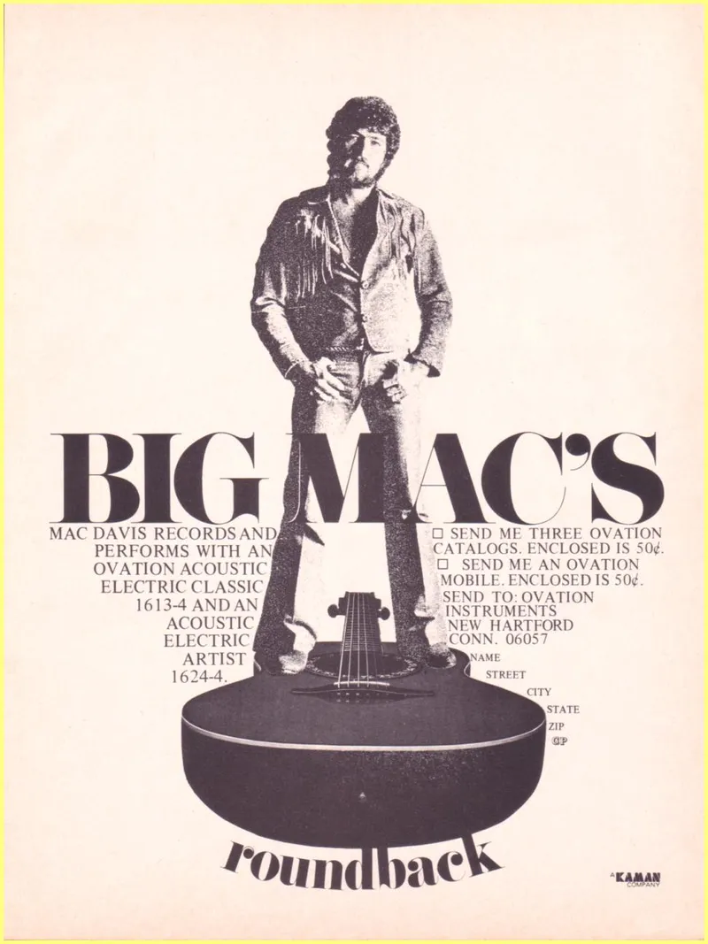 Big Mac's Roundback - Mac Davis Ovation Guitar Advertisement