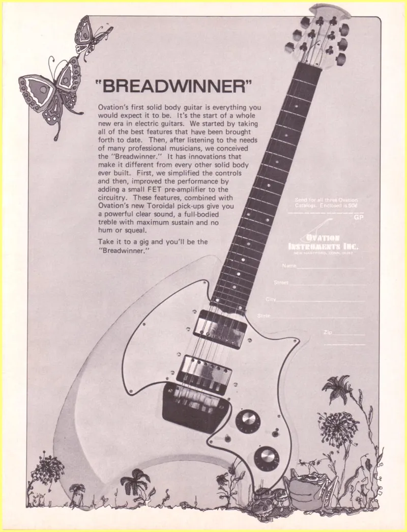 Ovation Instruments Inc. - Breadwinner Solid Body Guitar Advertisement