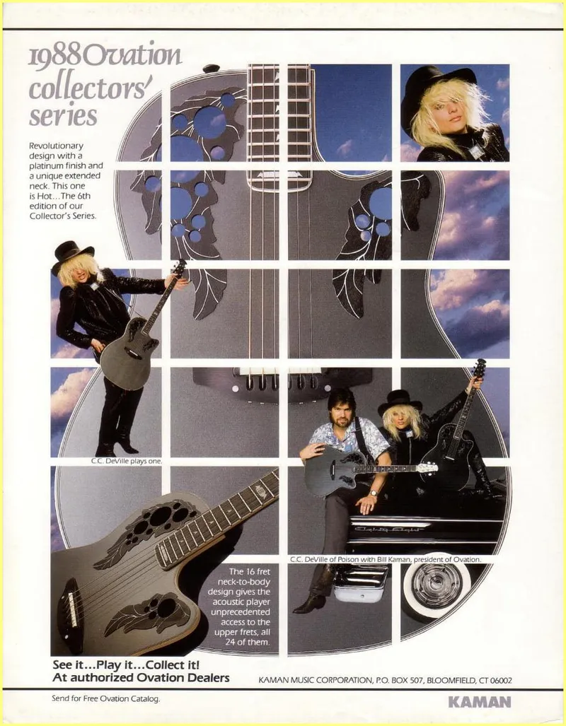 1988 Ovation Collector's Series Advertisement featuring C.C. DeVille of Poison