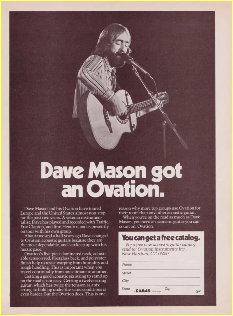 Dave Mason Ovation Guitar Advertisement - 'Dave Mason got an Ovation'
