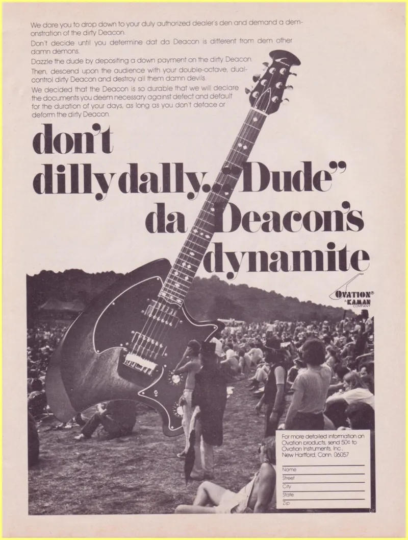 Ovation Deacon Electric Guitar Advertisement - 'Don't Dilly Dally, Dude'