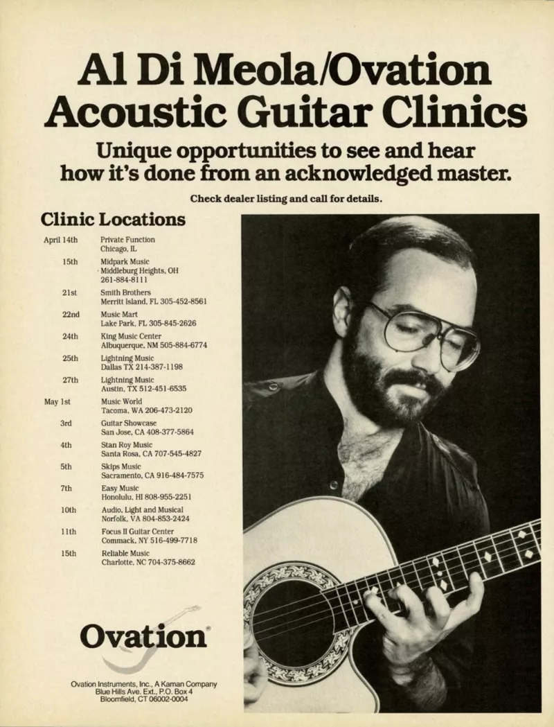 Al Di Meola / Ovation Acoustic Guitar Clinics Advertisement