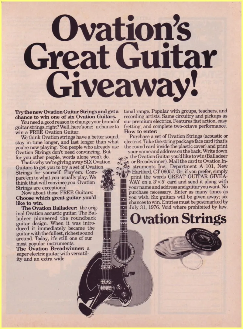 Ovation's Great Guitar Giveaway - Ovation Strings Promotional Advertisement