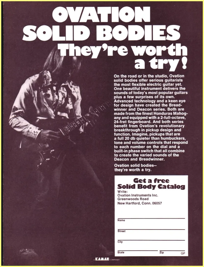 Ovation Solid Bodies – They're Worth a Try! Magazine Advertisement