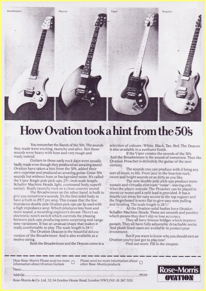 Ovation Solid Body Electric Guitars - Rose-Morris UK Advertisement