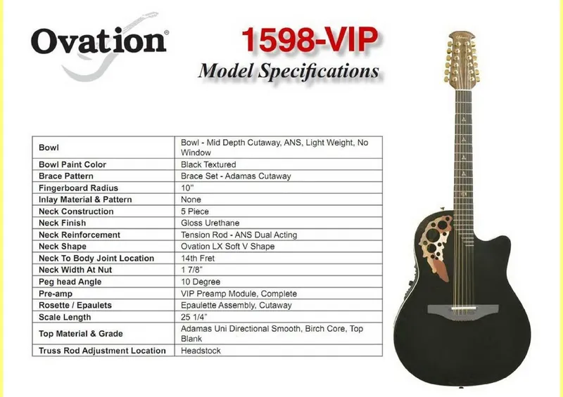 Adamas 1598-VIP 12-String Acoustic-Electric Guitar Service Parts Reference and Model Specifications