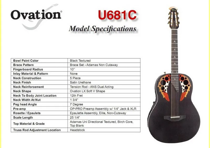 Adamas U681C Acoustic-Electric Guitar Model Specifications and Service Parts Reference