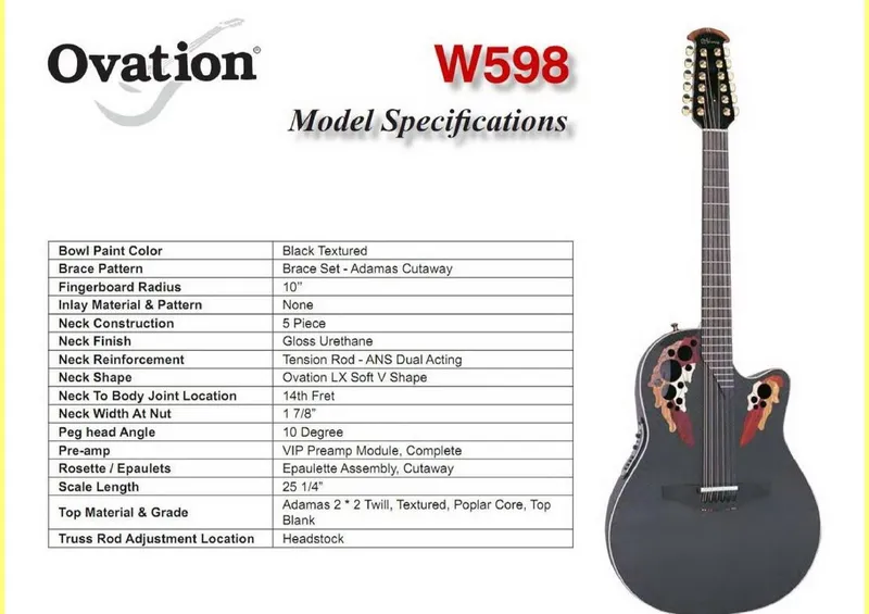 Ovation w598 12 string acoustic electric guitar service parts reference model specifications page 02