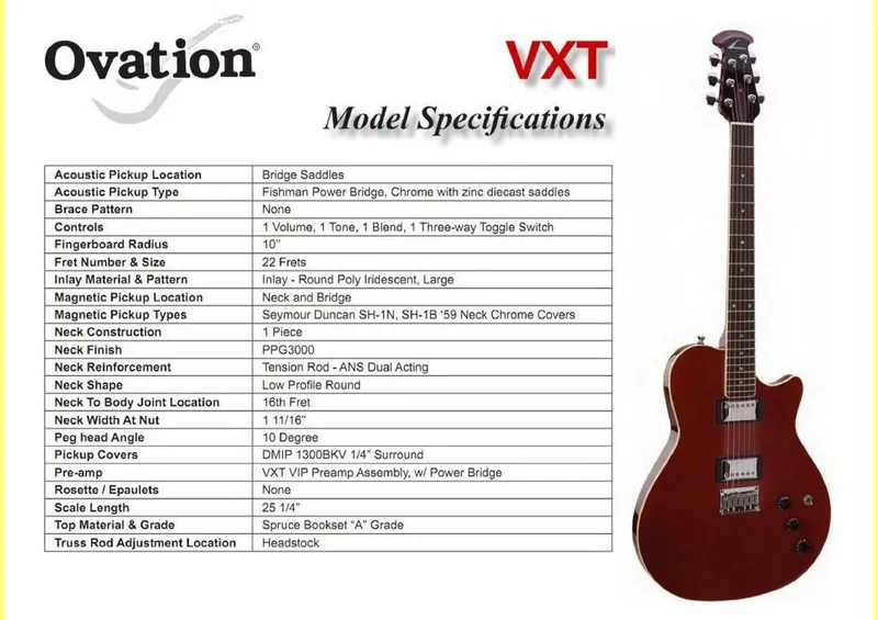 Ovation VXT Service Parts Reference and Model Specifications