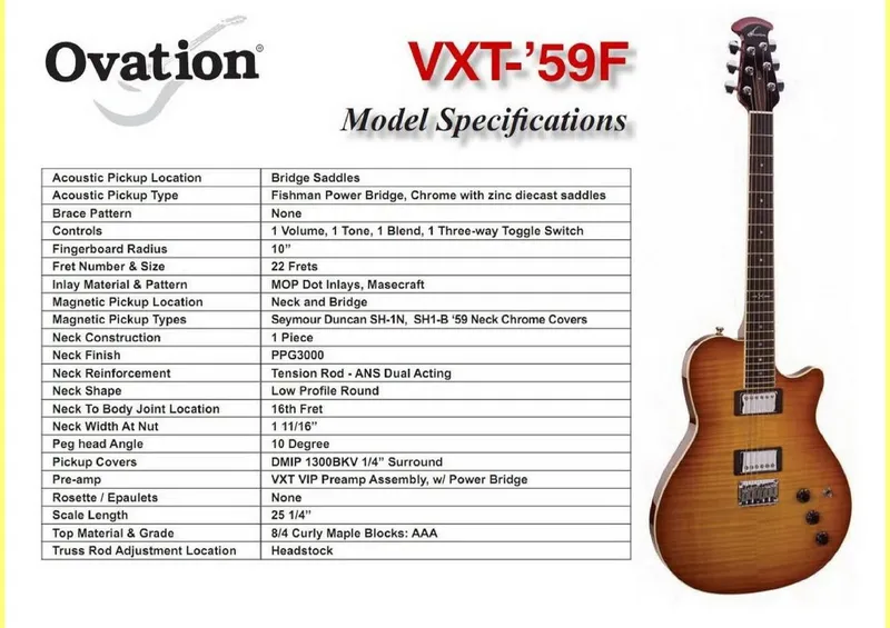 Ovation VXT-'59F Model Specifications and Service Parts Reference