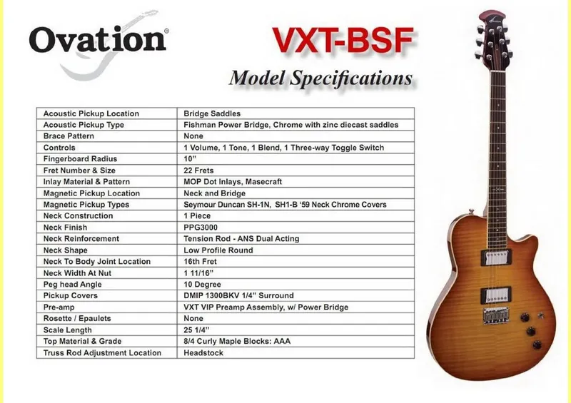 Ovation VXT-BSF Service Parts Reference and Model Specifications