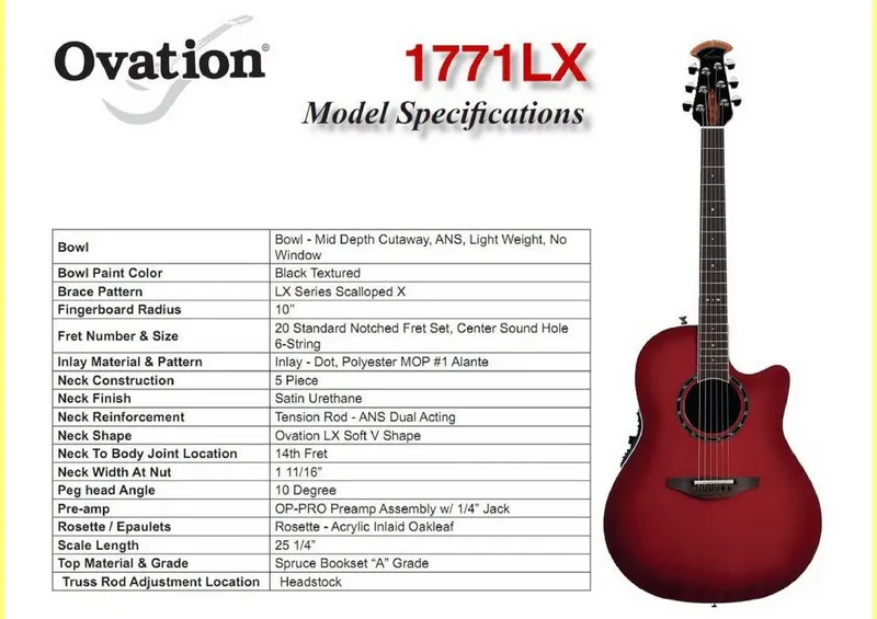 Ovation 1771LX Service Parts Reference and Model Specifications