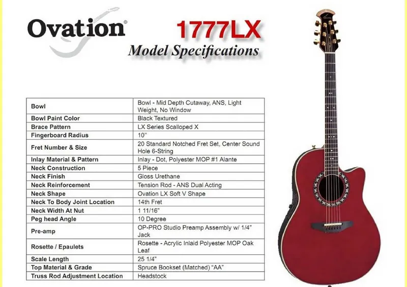 Ovation 1777LX Legend LX Acoustic-Electric Guitar Service Parts Reference and Model Specifications