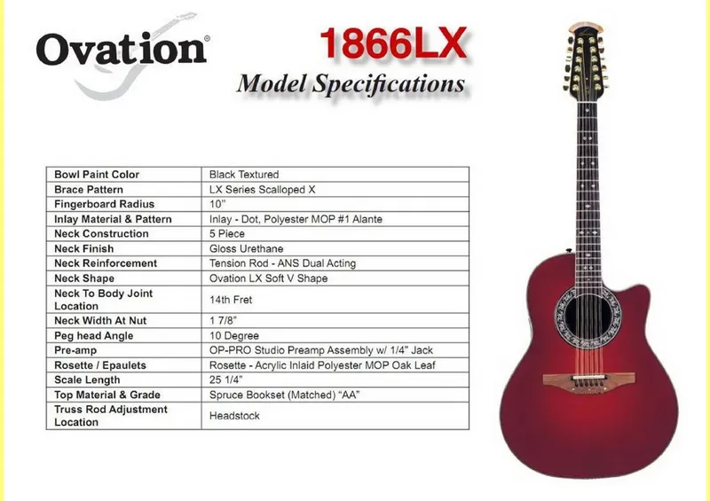Ovation 1866LX Legend 12-String LX Acoustic-Electric Guitar Service Parts Reference & Model Specifications