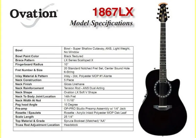 Ovation 1867LX Legend LX Acoustic-Electric Guitar Service Parts Reference and Model Specifications