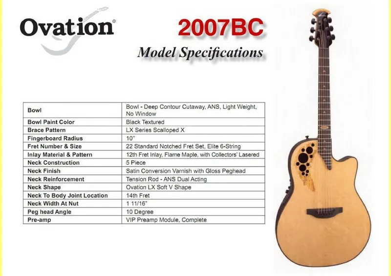 Ovation 2007BC Guitar Model Specifications and Service Parts Reference
