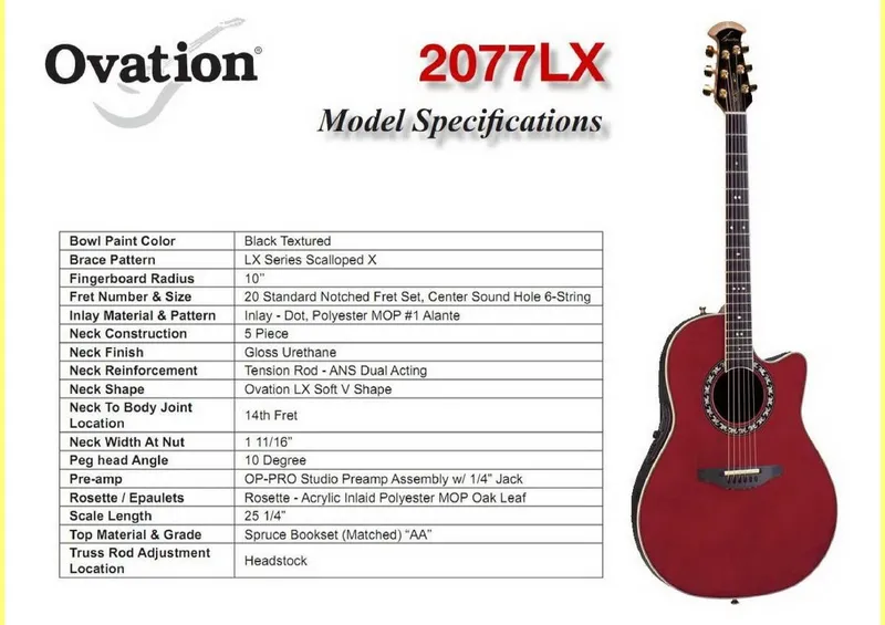 Ovation 2077LX Legend LX Acoustic-Electric Guitar Model Specifications and Service Parts Reference