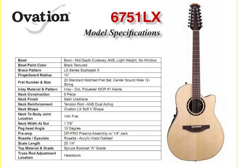 Ovation 6751LX 12-String Acoustic-Electric Guitar Model Specifications and Service Parts Reference