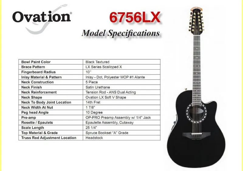 Ovation 6756LX 12-String Acoustic-Electric Guitar Model Specifications and Service Parts Reference