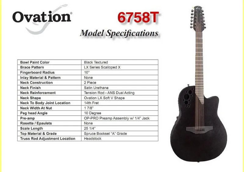 Ovation 6758T Elite T 12-String Acoustic-Electric Guitar Model Specifications and Service Parts Reference