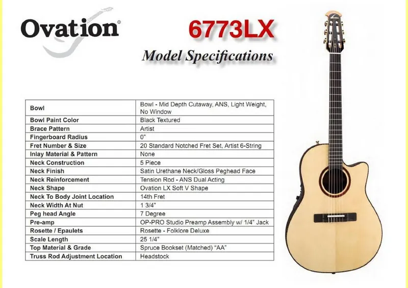 Ovation 6773LX Classical/Nylon String Acoustic-Electric Guitar Model Specifications and Service Parts Reference
