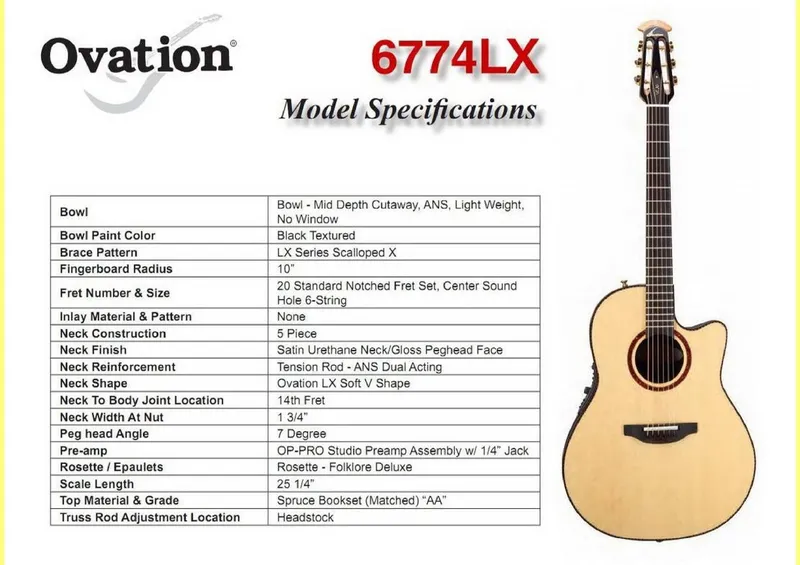 Ovation 6774LX Folklore LX Acoustic-Electric Guitar Model Specifications and Service Parts Reference
