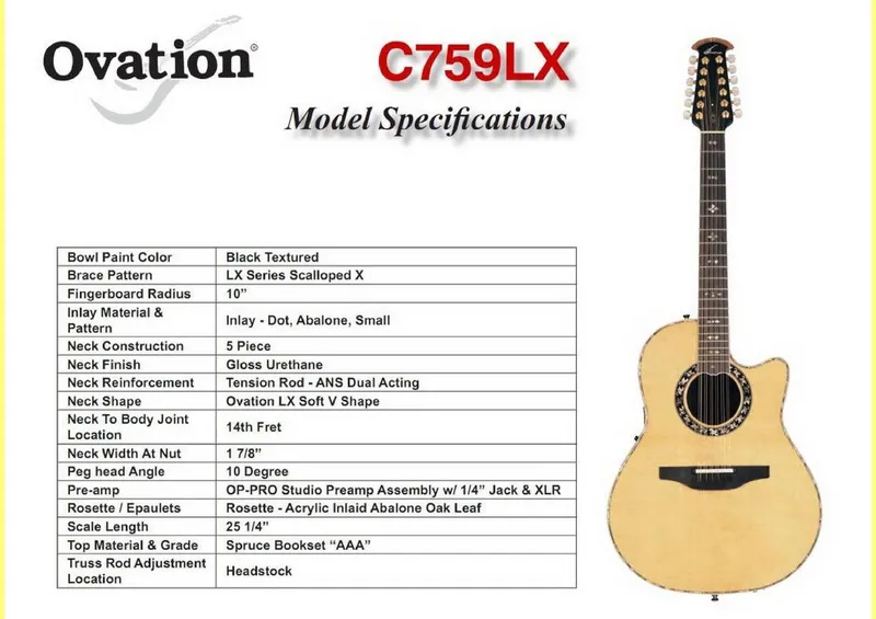 Ovation c759lx custom legend 12 string lx model specifications and service parts reference page 01